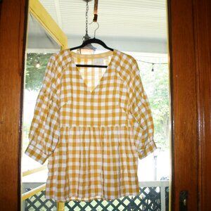 Maeve by Anthropologie gold white gingham check babydoll peasant top